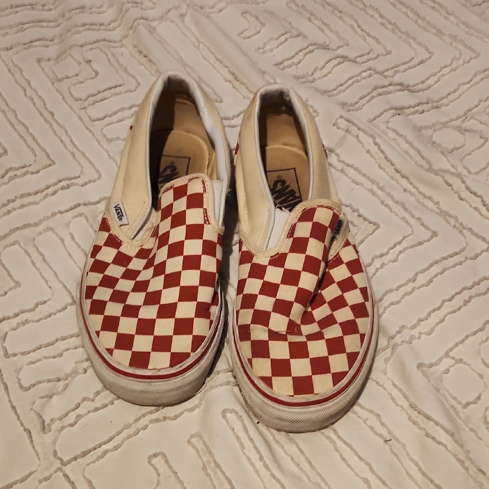 Vans  Red and White Checkered Slip-On Sneakers